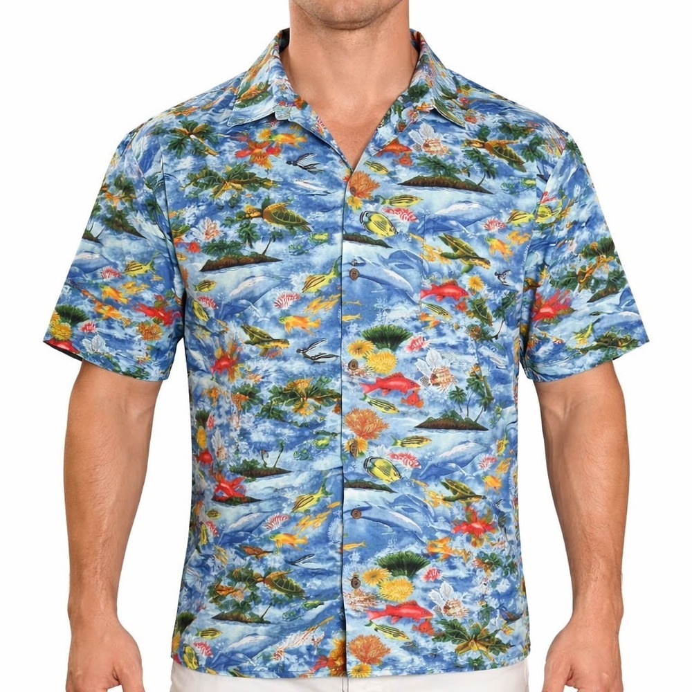 Aloha Republic Hawaiian Aloha Shirt 2XL Tropical Fish Turtles Sealife Dolphins‎